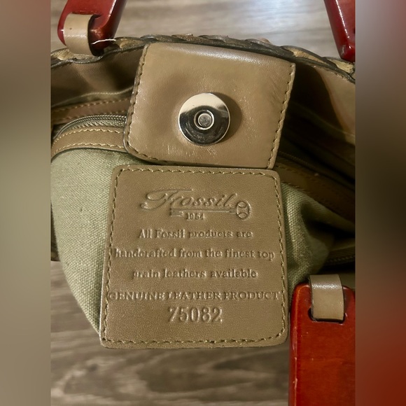 Fossil Vintage Brown Woven Leather Purse Hand Bag With Wooden Handle Bohemian - Picture 5 of 10